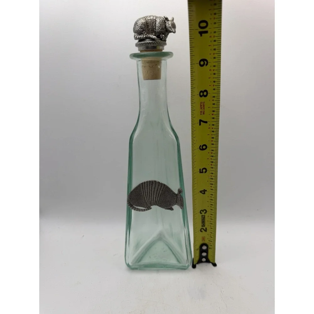 Vintage Armadillo Pewter Overlay Green Glass Decanter Bottle Stopper Barware